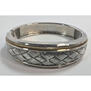 Silver Tone Hinged Bangle Bracelet Etched Pattern Gold Tone Accents Vintage Styl